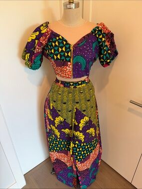 Colorful Ankara Two-Piece Pantset in Purple & Yellow